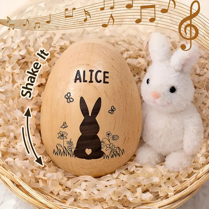 Personalized Musical Wooden Easter Egg Shaker - Bunny With Spring Flowers