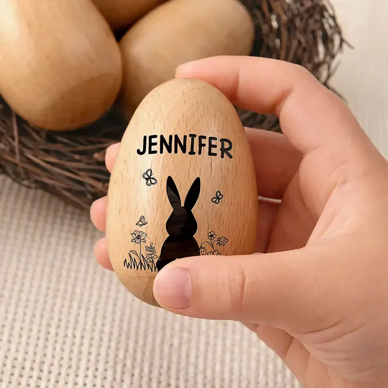 Personalized Musical Wooden Easter Egg Shaker - Bunny With Spring Flowers
