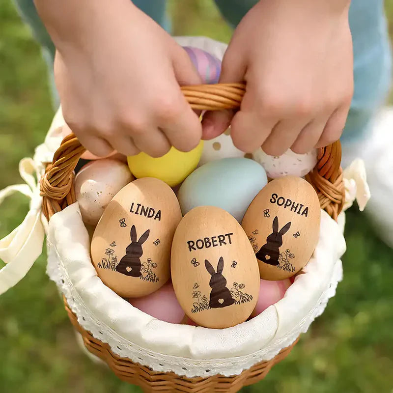 Personalized Musical Wooden Easter Egg Shaker - Bunny With Spring Flowers
