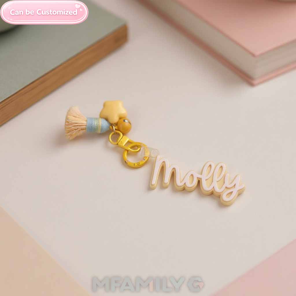 Personalized Name Keychain – Custom Acrylic Keyring with Tassel & Charm Gift