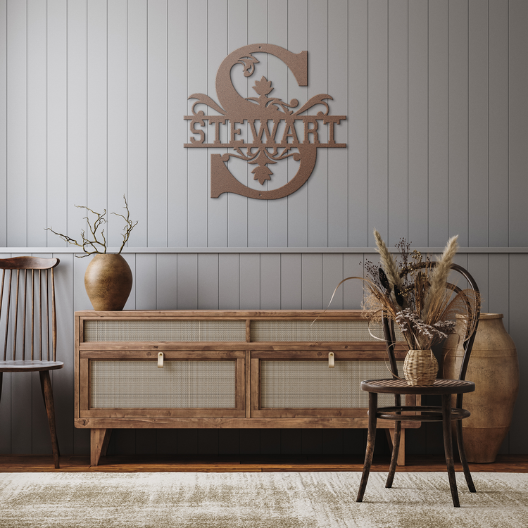 Stewart_Family_Monogram_Metal_Sign_Copper_Rustic_Hallway_Mockup.png