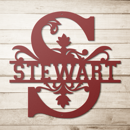 Stewart_Family_Monogram_Metal_Sign_Red_Simple_Wood_BKGD_Mockup.png